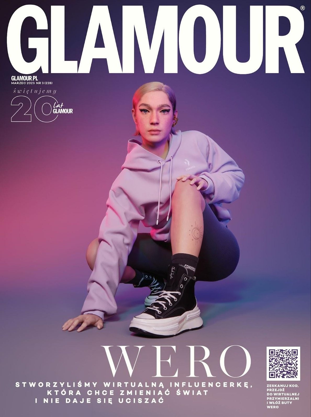 Glamour cover with virtual avatar that wears Converse shoes which can be virtually tried on.